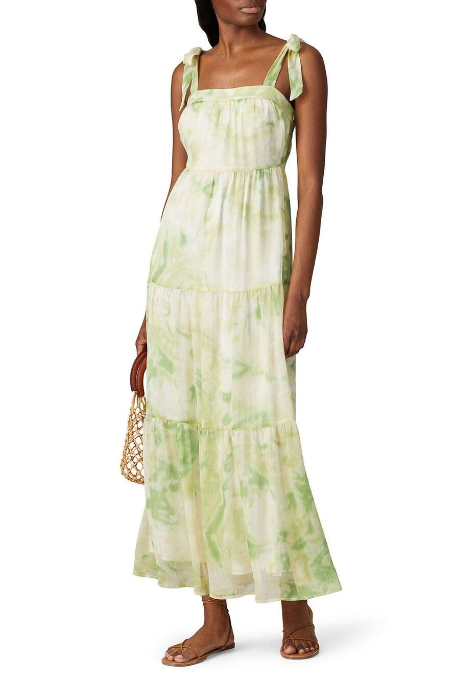 Line + Dot Palm Green Tie Dye Print Square Neck Tie Strap Tiered Maxi Dress Sz L